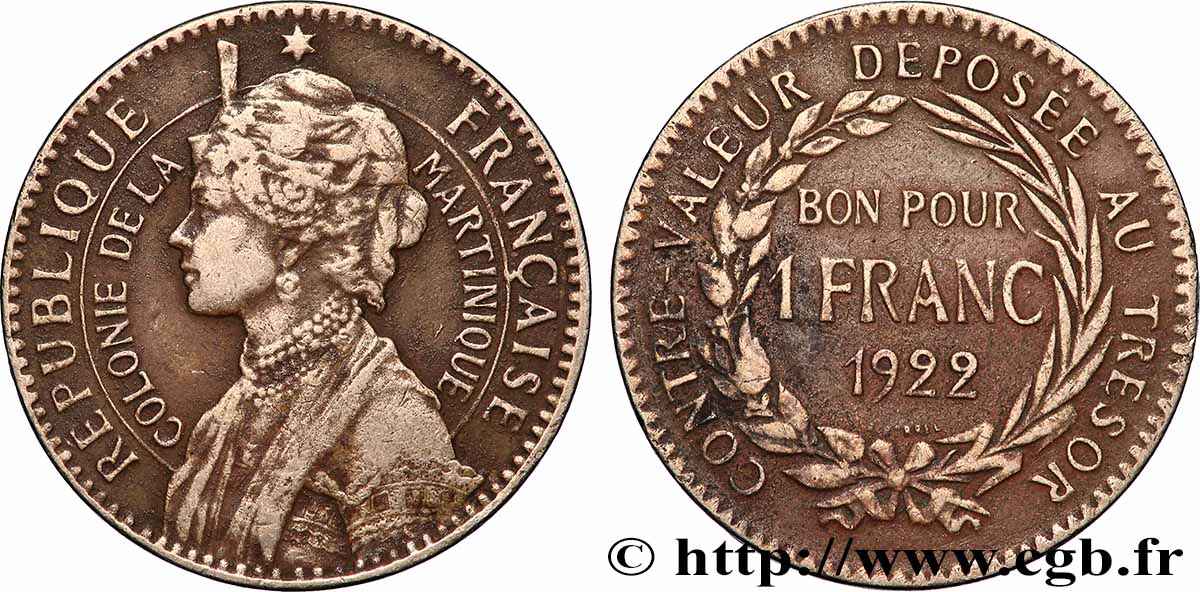 MARTINIQUE Bon pour 1 Franc Colonie de la Martinique 1922 sans atelier XF 