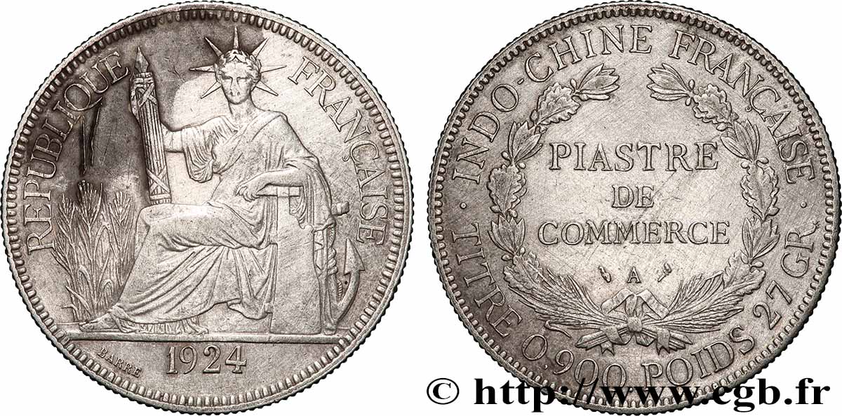 FRENCH INDOCHINA 1 Piastre de Commerce 1924 Paris XF 