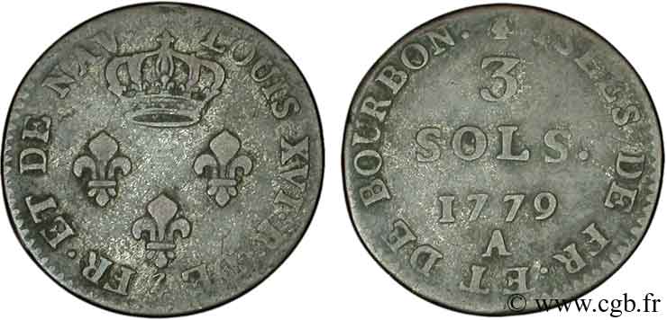ISLES DE FRANCE ET BOURBON 3 Sols 1779 Paris TB 