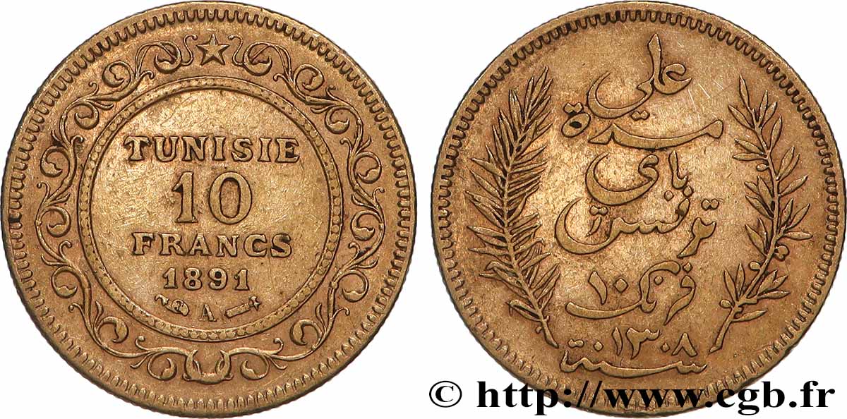 TUNISIA - FRENCH PROTECTORATE 10 Francs or Bey Ali AH 1308 1891 Paris XF 