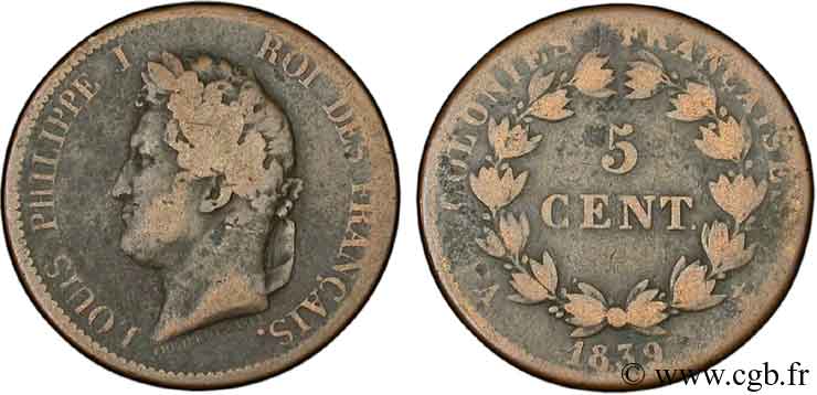 COLONIAS FRANCESAS - Louis-Philippe para Guadalupe 5 centimes 1839 Paris BC 
