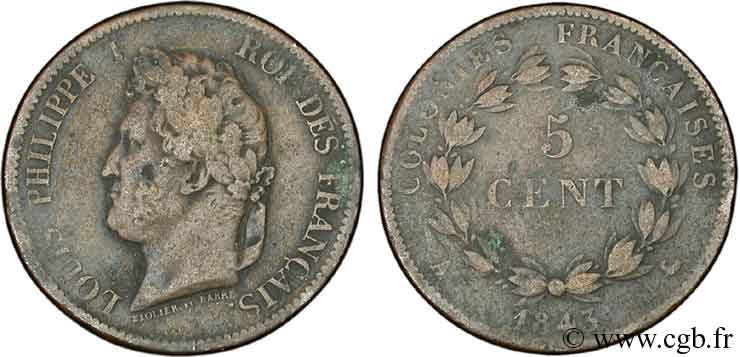 FRENCH COLONIES - Louis-Philippe, for Marquesas Islands 5 centimes 1843 Paris VF 