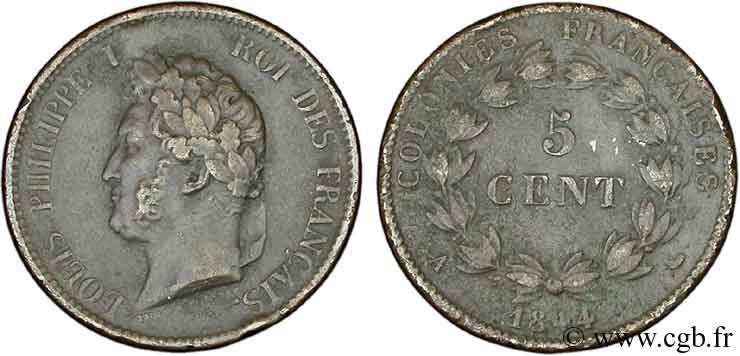 FRENCH COLONIES - Louis-Philippe, for Marquesas Islands 5 centimes 1844 Paris XF 