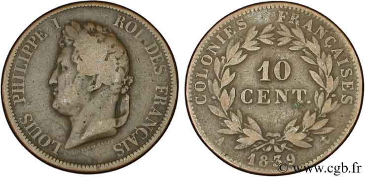 COLONIAS FRANCESAS - Louis-Philippe para Guadalupe 10 centimes 1839 Paris BC 