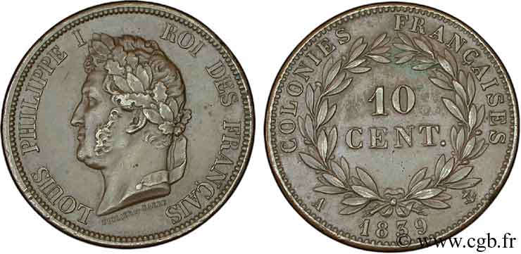 COLONIAS FRANCESAS - Louis-Philippe para Guadalupe 10 centimes 1839 Paris EBC 