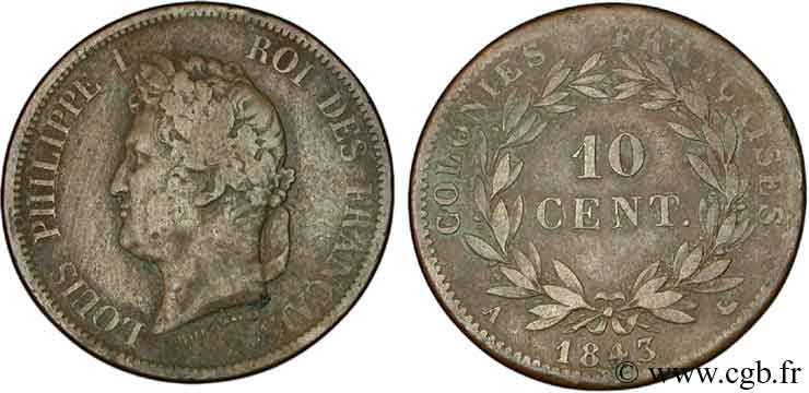 COLONIAS FRANCESAS - Louis-Philippe, para las Islas Marquesas 10 centimes 1843 Paris BC 