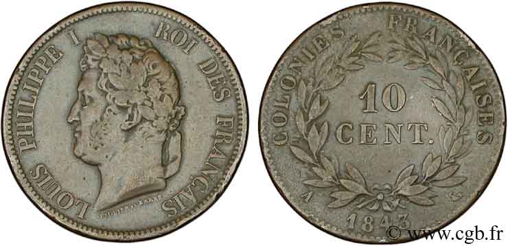 FRENCH COLONIES - Louis-Philippe, for Marquesas Islands 10 centimes 1843 Paris VF 