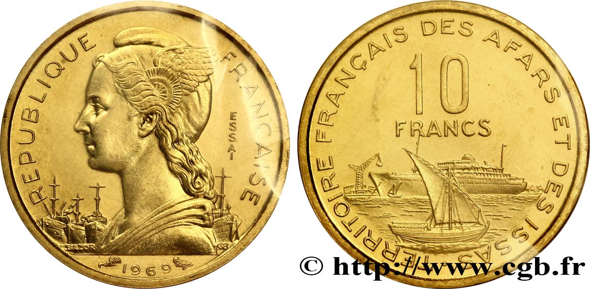 DJIBOUTI - French Territory of the Afars and the Issas  Essai de 10 Francs Marianne / voilier et paquebot 1969 Paris MS70 