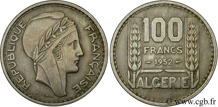 ALGERIA 100 Francs Turin 1952  XF 