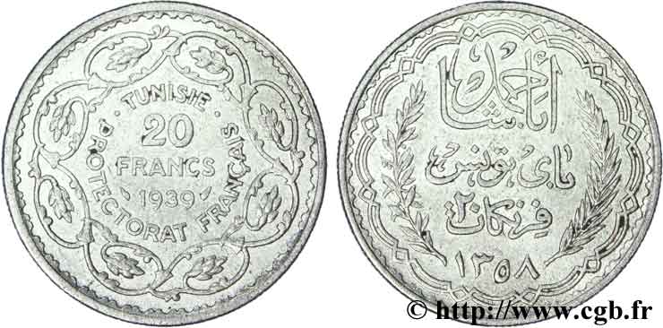 TUNEZ - Protectorado Frances 20 Francs au nom du  Bey Ahmed an 1358 1939 Paris BC+ 