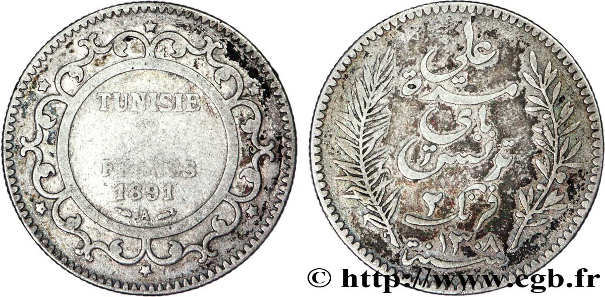 TUNEZ - Protectorado Frances 2 Francs AH1308 1891 Paris - A BC 