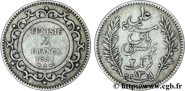 TUNISIA - French protectorate 2 Francs au nom du Bey Ali 1891 Paris - A VF 