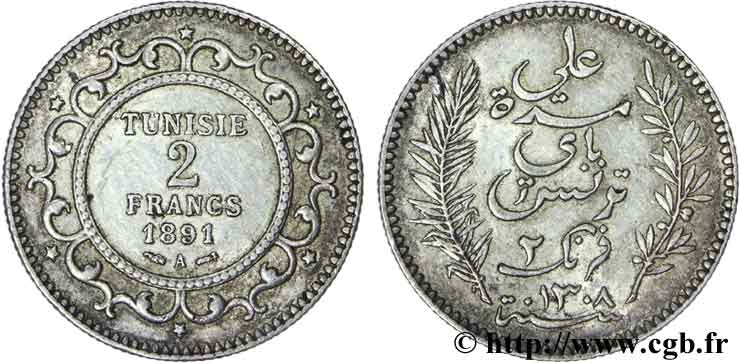 TUNISIE - PROTECTORAT FRANÇAIS 2 Francs au nom du Bey Ali 1891 Paris - A TTB 