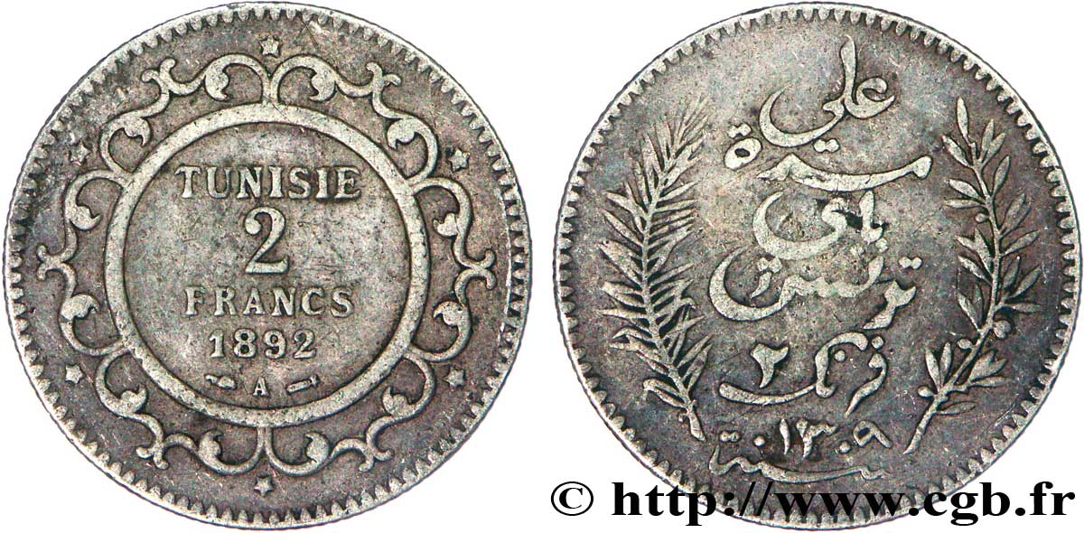 TUNEZ - Protectorado Frances 2 Francs AH1309 1892 Paris - A BC+ 