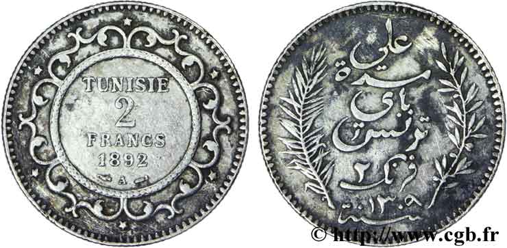 TUNISIE - PROTECTORAT FRANÇAIS 2 Francs au nom du Bey Ali 1892 Paris - A TTB 