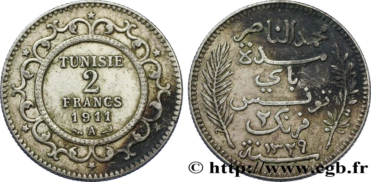 TUNISIA - French protectorate 2 Francs AH1329 1911 Paris - A XF 
