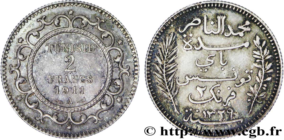 TUNISIA - Protettorato Francese 2 Francs AH1329 1911 Paris - A SPL 
