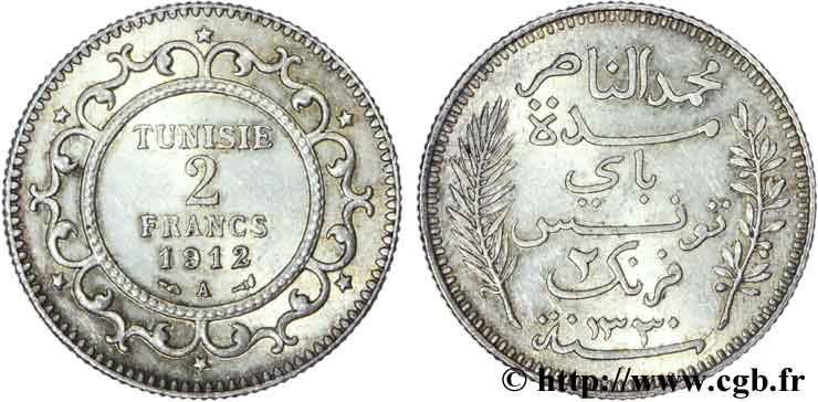 TUNESIEN - Französische Protektorate  2 Francs au nom du Bey Mohamed En-Naceur  an 1330 1912 Paris - A VZ 