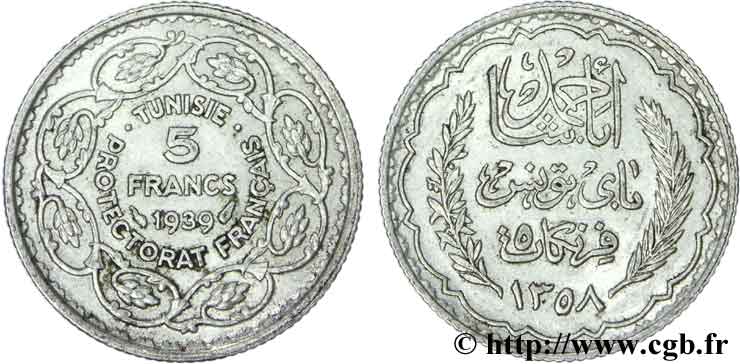 TUNESIEN - Französische Protektorate  5 Francs AH 1358 1939 Paris SS 