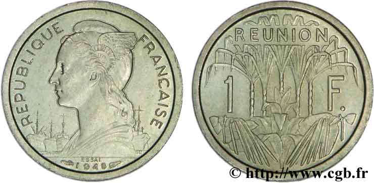 ÎLE DE LA RÉUNION - UNION FRANCAISE 1 Franc Essai buste de la République /  1948 Paris SPL 