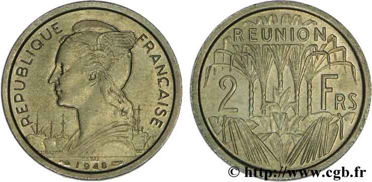 ÎLE DE LA RÉUNION 2 Francs Essai buste de la République 1948 Paris SPL 