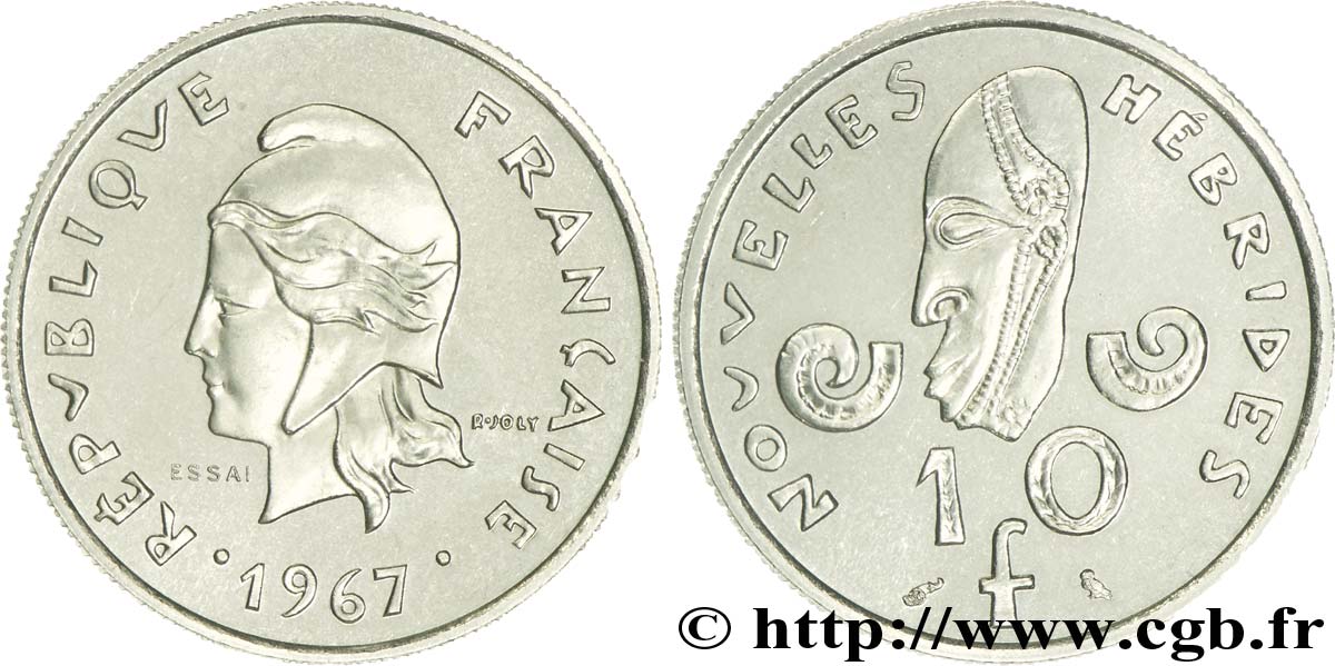 NOUVELLES HÉBRIDES (VANUATU depuis 1980) Essai de 10 Francs Marianne / masque 1967 Paris SPL 