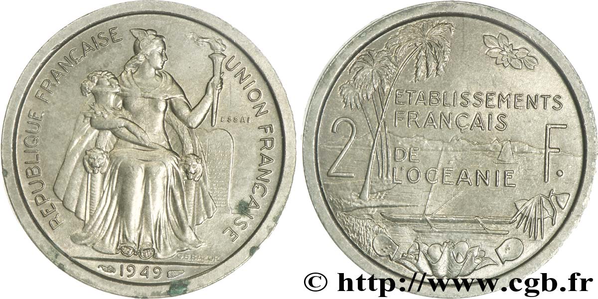 FRENCH POLYNESIA - Oceania Francesa Essai de 2 Francs établissement français de l’Océanie 1949 Paris EBC 