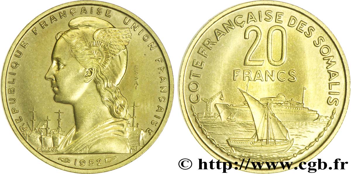 CÔTE FRANÇAISE DES SOMALIS Essai de 20 Francs 1952 Paris SPL 