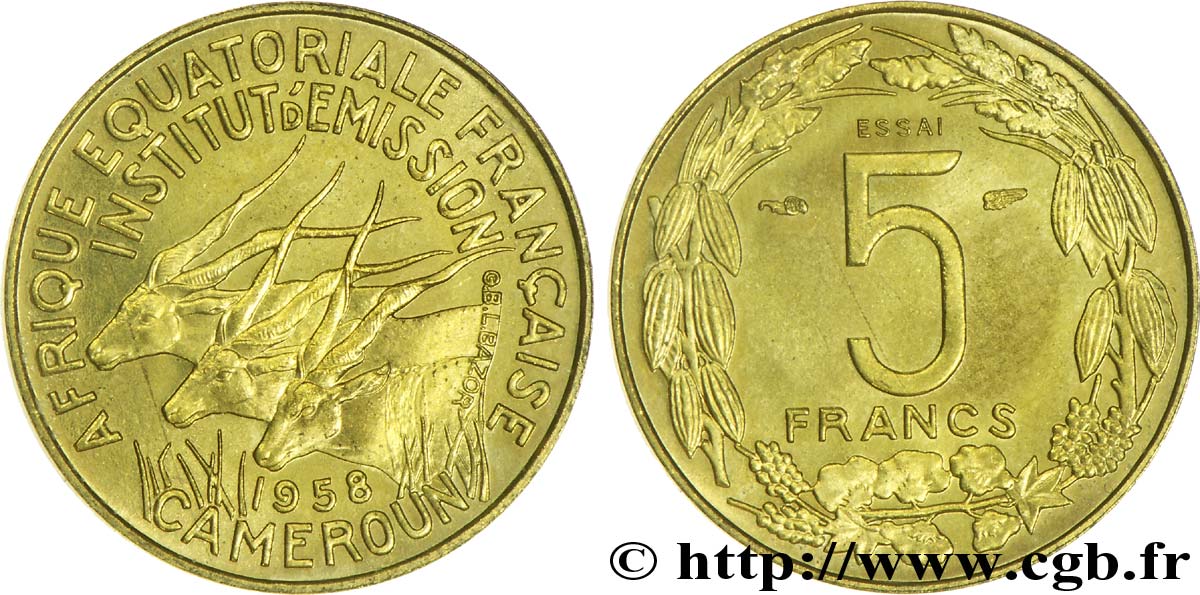 AFRICA ECUATORIAL FRANCESA - CAMERUN Essai de 5 Francs 1958 Paris EBC 