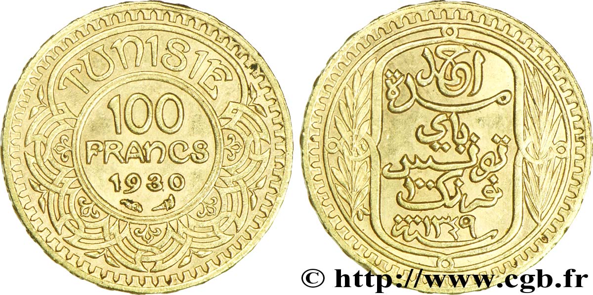 TUNISIA - French protectorate 100 Francs or frappée au nom du Bey Ahmed 1930 Paris AU58 