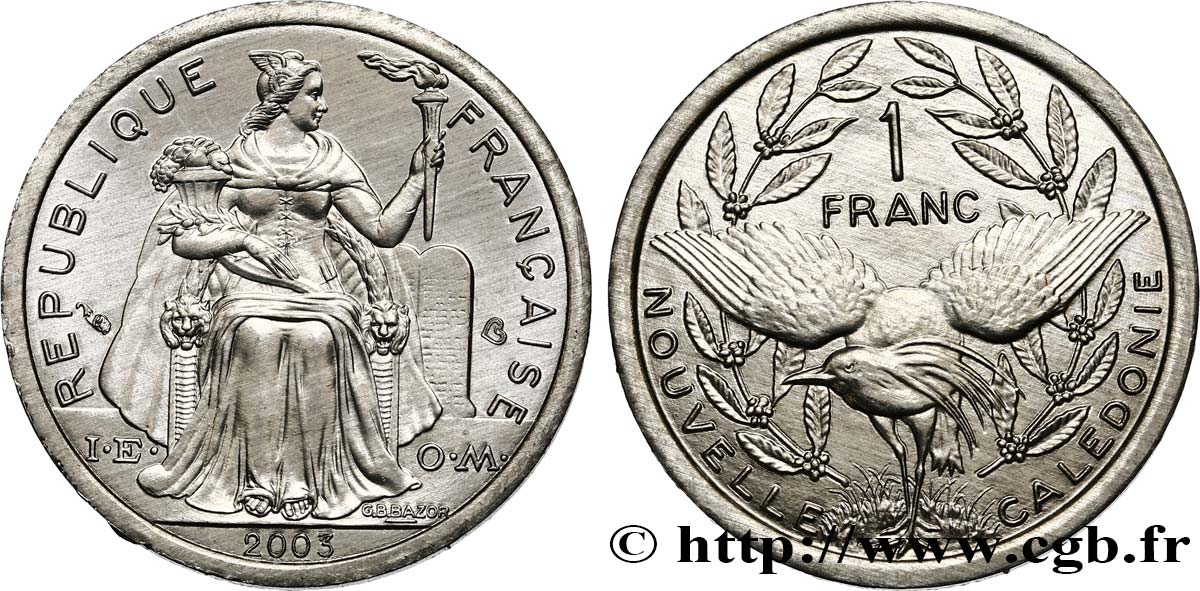 NEW CALEDONIA 1 Franc I.E.O.M. représentation allégorique de Minerve / Kagu, oiseau de Nouvelle-Calédonie 2003 Paris MS 
