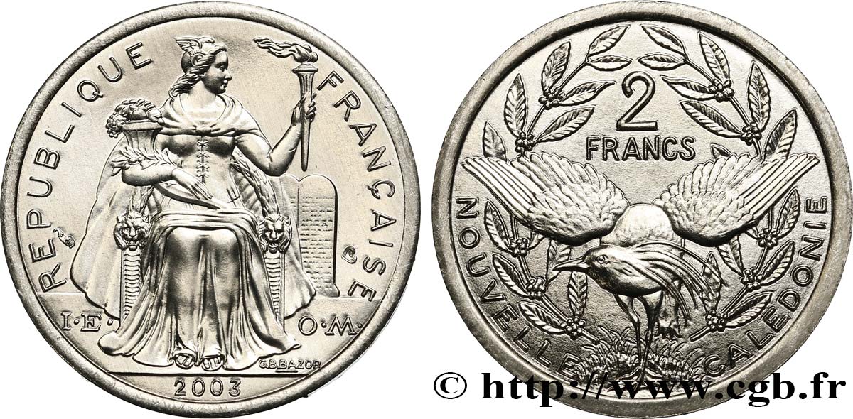 NUOVA CALEDONIA 2 Francs I.E.O.M. représentation allégorique de Minerve / Kagu, oiseau de Nouvelle-Calédonie 2003 Paris MS 