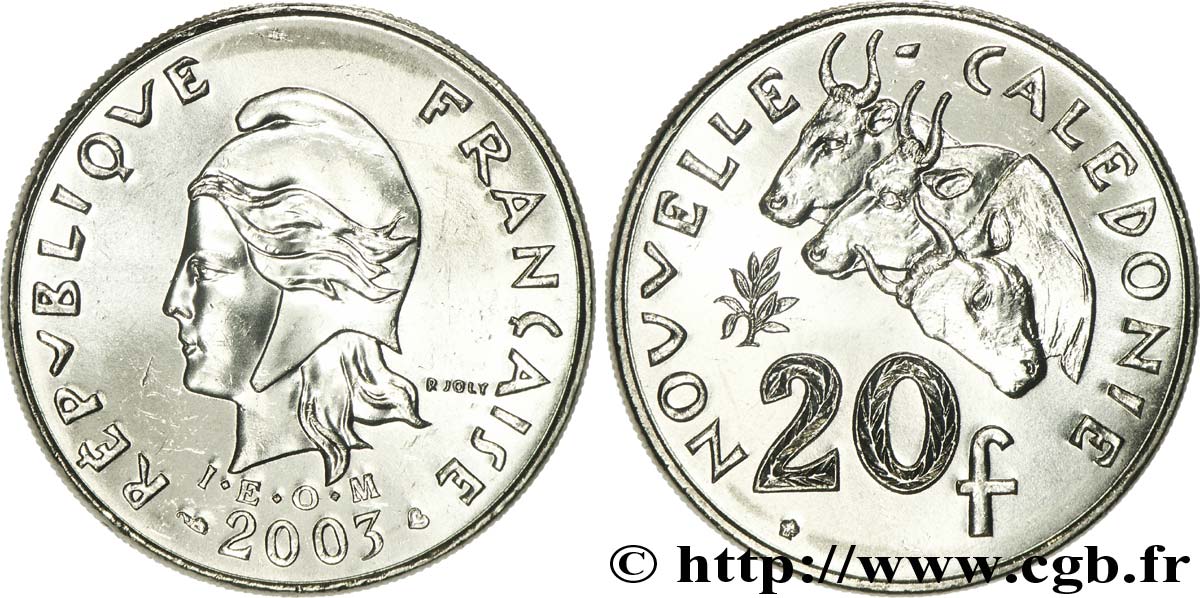 NOUVELLE CALÉDONIE 20 Francs I.E.O.M. Marianne / zébus d’élevage de Nouvelle Calédonie  2003 Paris SPL 
