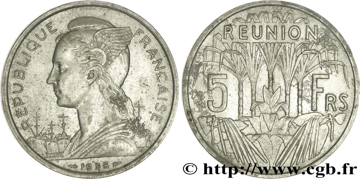 REUNION ISLAND 5 Francs 1955 Paris AU 