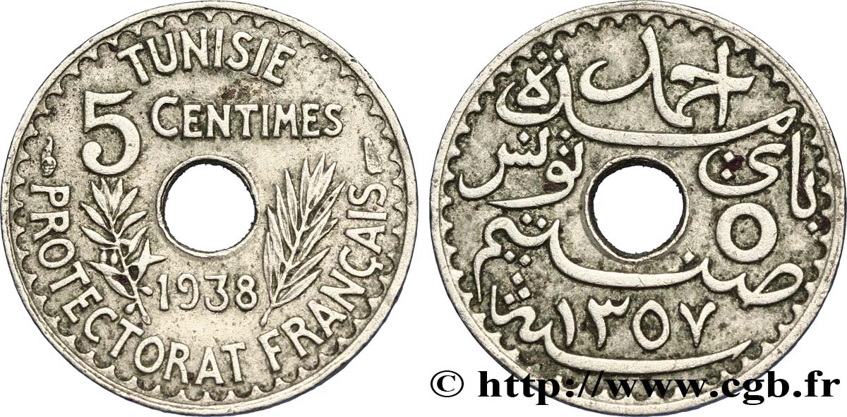 TUNESIEN - Französische Protektorate  5 Centimes AH 1357 1938 Paris fVZ 
