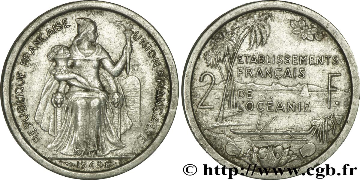 FRENCH POLYNESIA - Oceania Francesa 2 Francs Union Française 1949 Paris BC+ 