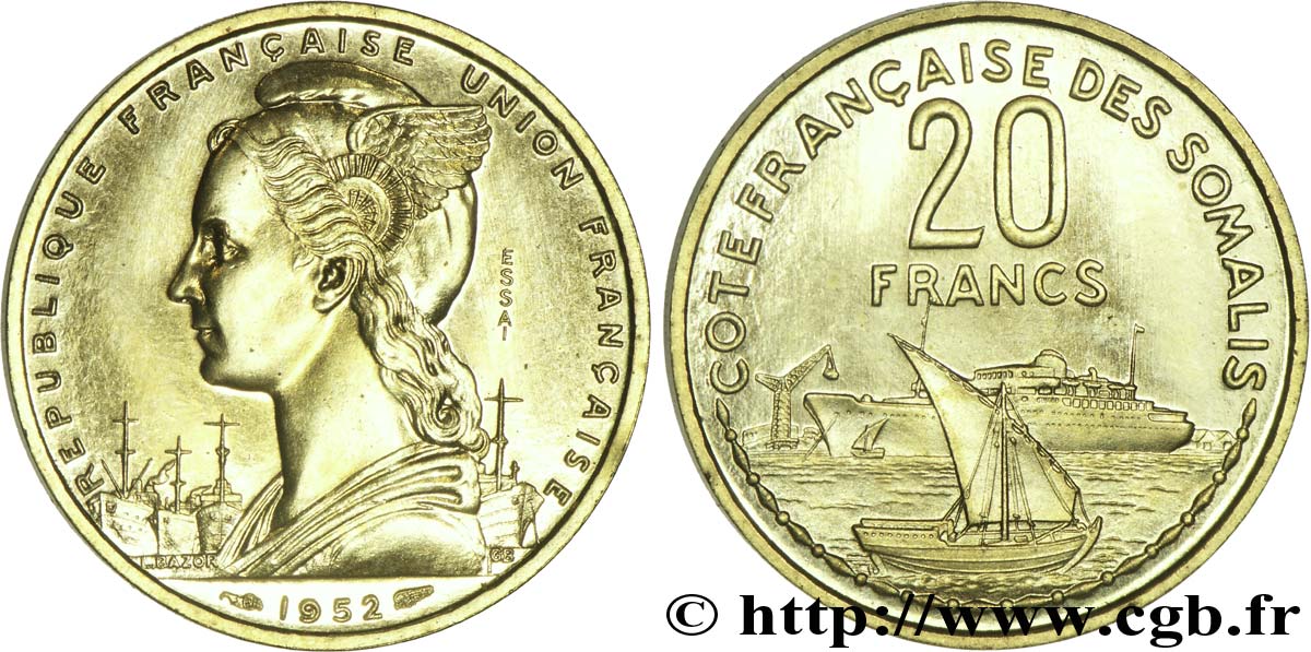 FRANZÖSISCHE SOMALILAND Essai de 20 Francs Marianne / port 1952 Paris ST 