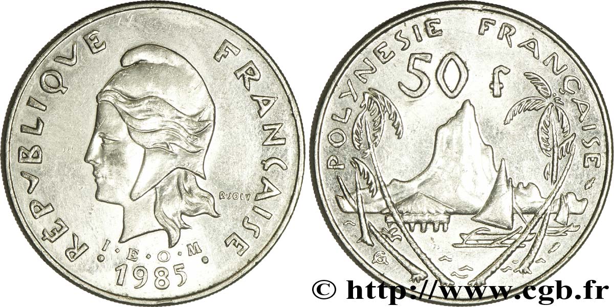 POLINESIA FRANCESE 50 Francs I.E.O.M. Marianne / paysage polynésien 1985 Paris q.SPL 
