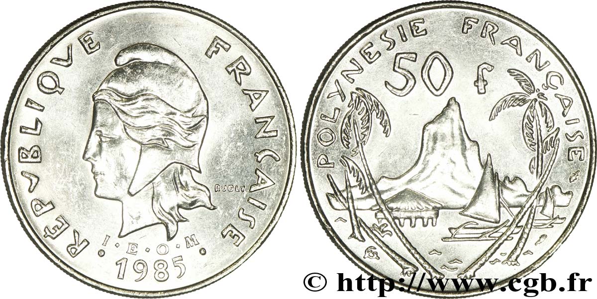 POLINESIA FRANCESA 50 Francs I.E.O.M. Marianne / paysage polynésien 1985 Paris EBC 