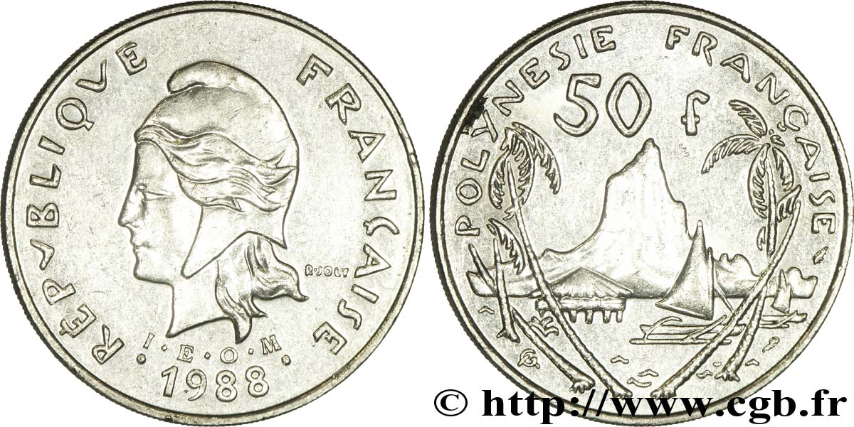 FRENCH POLYNESIA 50 Francs I.E.O.M. Marianne / paysage polynésien 1988 Paris AU 