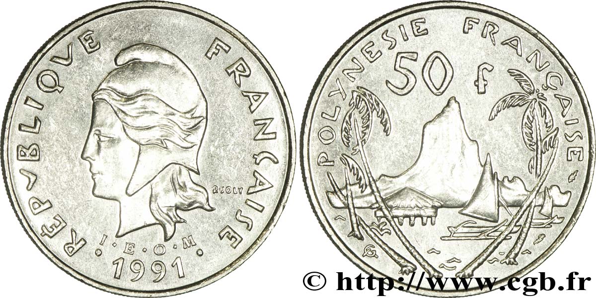 FRENCH POLYNESIA 50 Francs I.E.O.M. Marianne / paysage polynésien 1991 Paris AU 