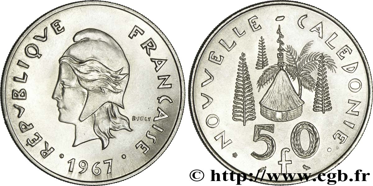 NEW CALEDONIA 50 Francs, frappe courante 1967 Paris MS64 