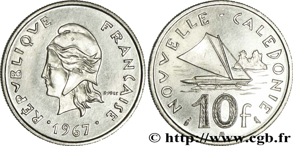 NEW CALEDONIA 10 Francs essai de frappe (?) 1967 Paris MS67 