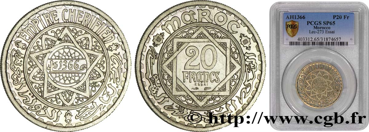MAROKKO - FRANZÖZISISCH PROTEKTORAT Essai de 20 Francs AH 1366 1947 Paris ST65 PCGS