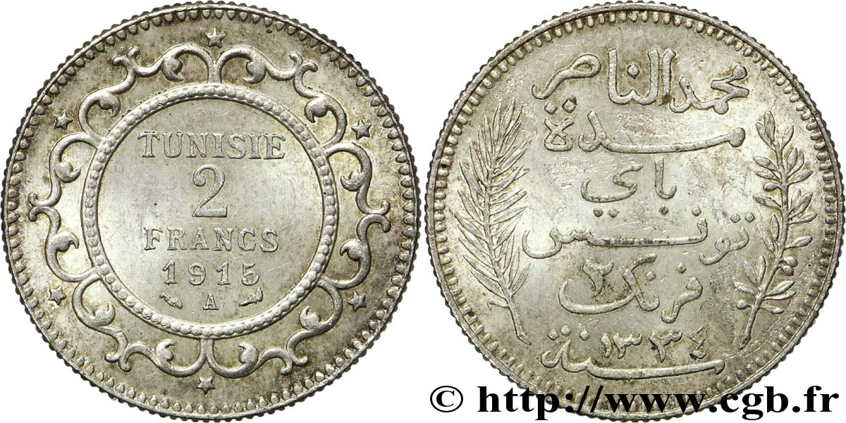 TUNEZ - Protectorado Frances 2 Francs au nom du Bey Mohamed En-Naceur an 1334 1915 Paris - A EBC 