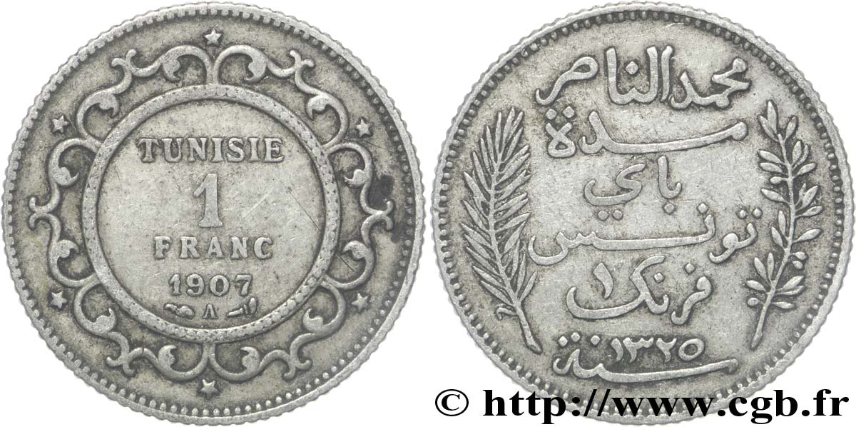 TUNEZ - Protectorado Frances 1 Franc AH 1325 1907 Paris MBC 