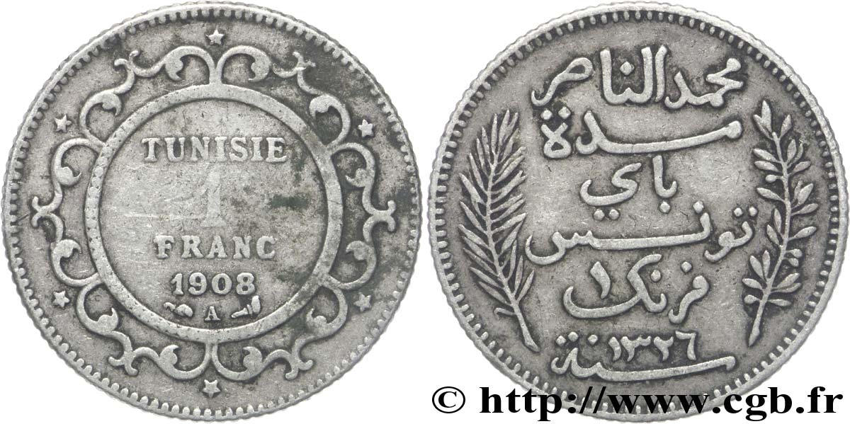 TUNISIA - Protettorato Francese 1 Franc AH 1326 1908 Paris MB 