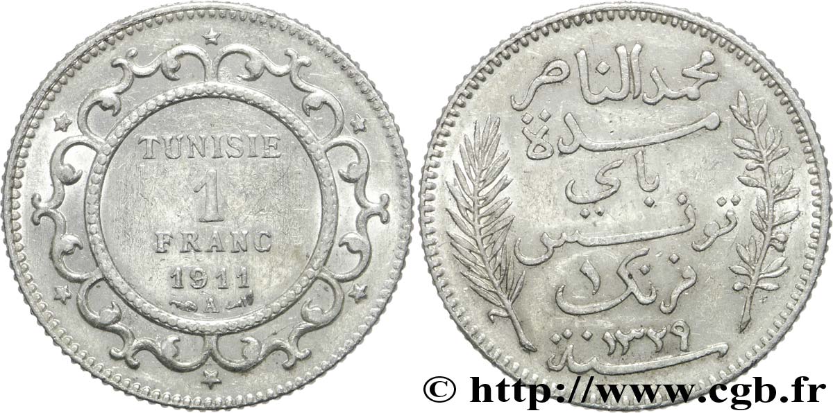 TUNISIA - Protettorato Francese 1 Franc AH 1329 1911 Paris q.SPL 