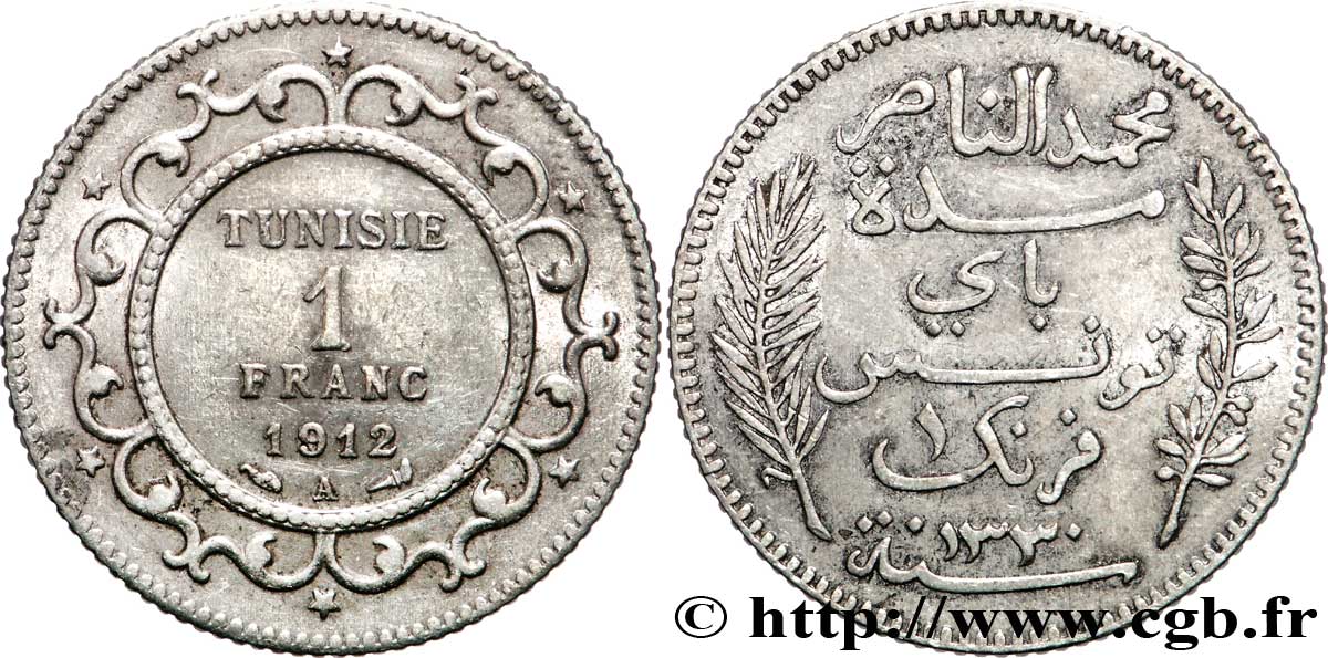 TUNISIA - French protectorate 1 Franc AH1330 1912 Paris XF 