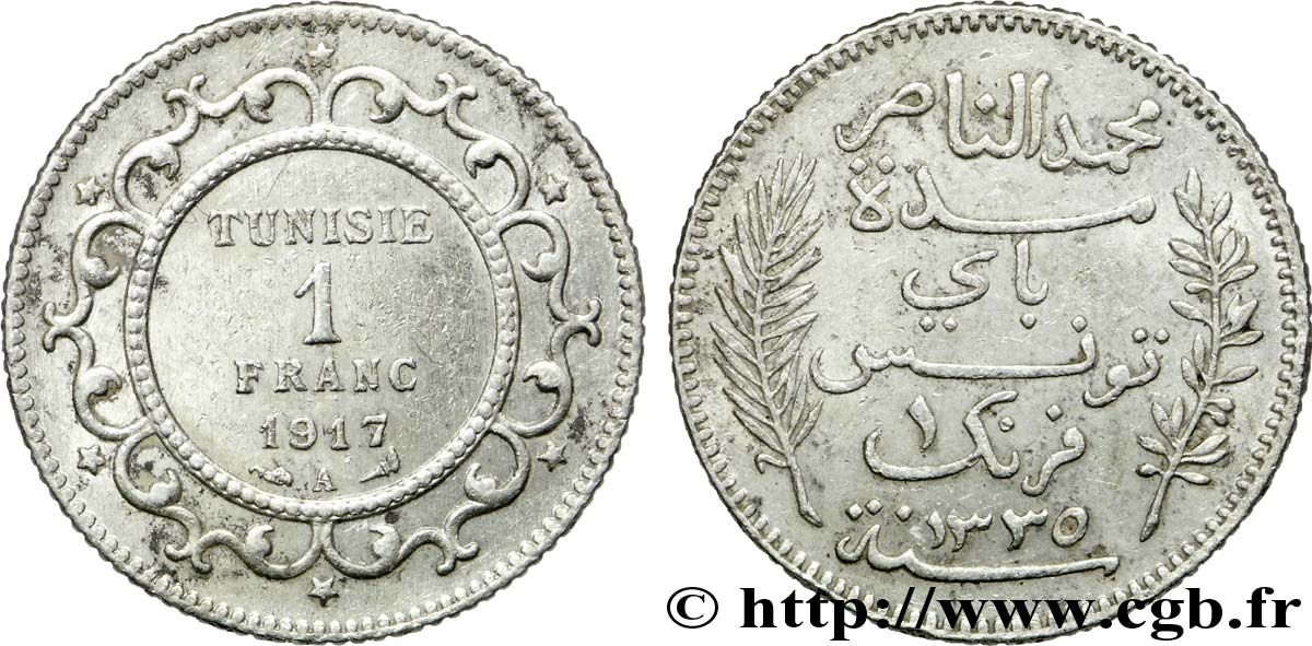 TUNESIEN - Französische Protektorate  1 Franc AH 1335 1917 Paris fVZ 